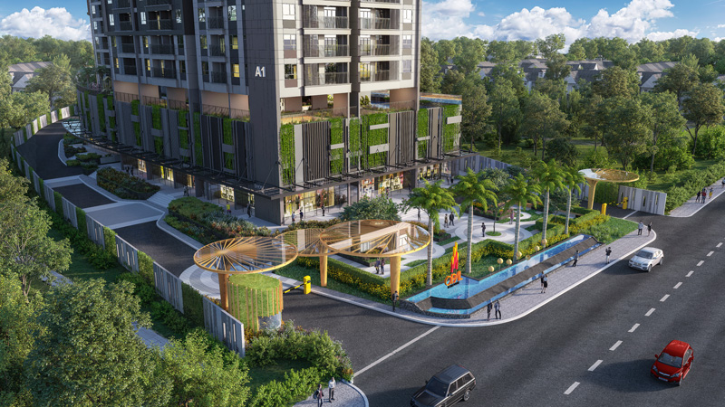 Bảng hiệu và đài phun nước